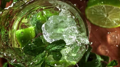 Ice Falls Into a Mojito Cocktail Filmed on a Highspeed Camera at 1000 Fps