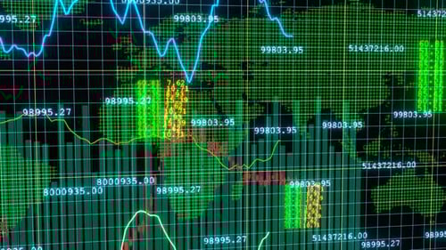 Digital World Map with Corporate Financial Data Grid Animation