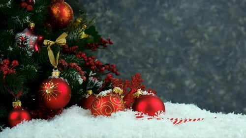 Festive Christmas Ornaments and Decorations in Winter Scene
