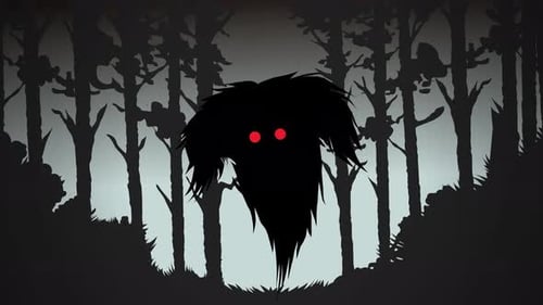 Abstract Morphing Shadow Creature with Red Eyes in Dark Forest