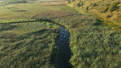 Grupo de pessoas flutua na prancha de SUP ao longo do rio Meander