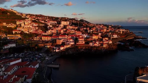 Golden Sunset Coastal Village Aerial Serene Seaside Panorama