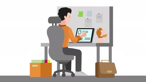 person working at an office desk at the computer animation 4k