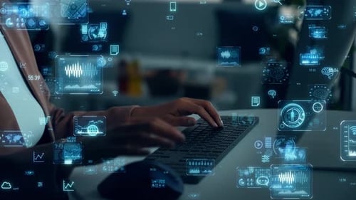 Young Black Woman Working In Office And Digital Data Concept. Digital Transformation. Management