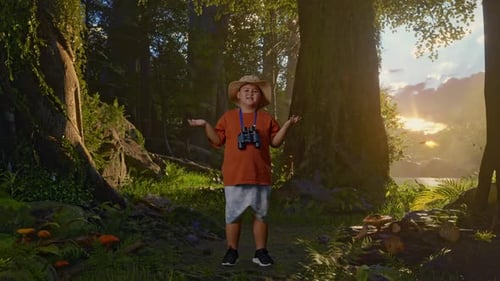 Asian Boy Doubtfully And Asking Why After Use The Binoculars While Exploring Forest Nature