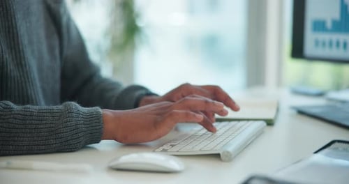 Hands, computer and typing with report at office, review charts and finance with stock price