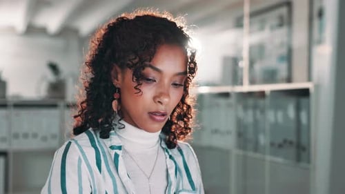 Office, reading screen and business woman on laptop for online project, report