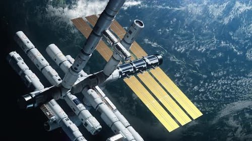 the space station in orbit of the earth. the concept of exploring the world and modern technology