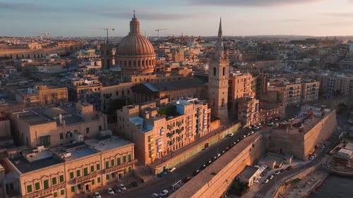 Aerial Panorama of Valletta Old Town at Golden Hour in Malta