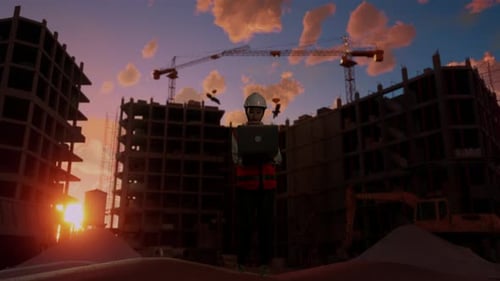 Full Body Of Asian Female Engineer Working On A Laptop At Construction Site