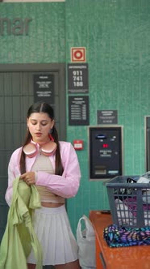 Stylish Young Woman Folds Clothes in a Laundromat