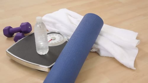 Workout fitness scale dumbbells water bottle towel yoga