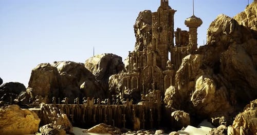 Intricate Sandcastle Resembling Ancient Fortress Built on Rocky Shoreline