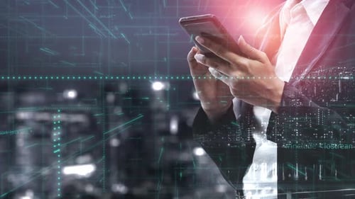 Business Professional Using Smartphone with Programming Code Overlay in Modern Digital Environment f