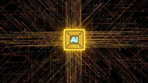 AI Processor Chip with Glowing Digital Network Data Flow