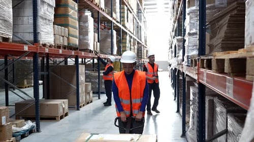 Warehouse Workers Managing Inventory and Moving Stock