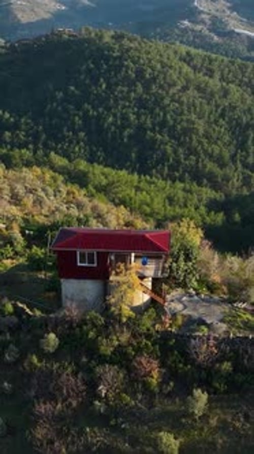 Vertical Video Above Mountain Farming Homes Aerial View of Nature's Embrace