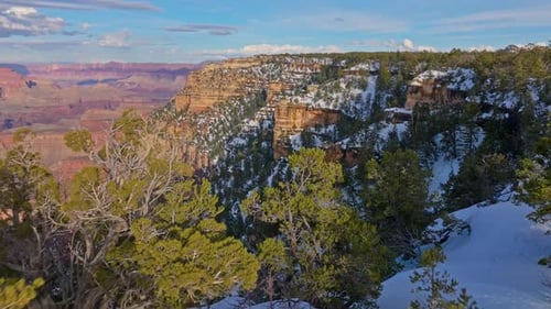Trees On Top Of Snowy Rock Formations In Grand Canyon National Park In Arizona. aerial pullback