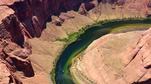 Aerial drone footage of the Horseshoe Bend in Page, Arizona, CA.