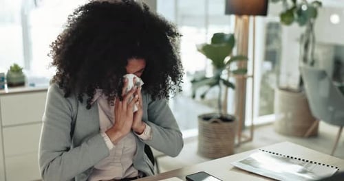 Sick business woman, sneeze and blowing nose for allergies, cold and virus in office