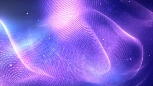 Violett leuchtende Energie, helle Partikel, Lichtlinien und Wellen, abstrakter Hintergrund