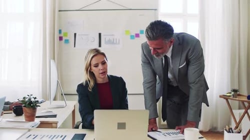 Business professionals discuss plans together in a modern office space