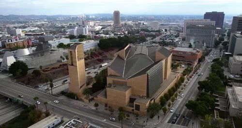 Aerial View, Cathedral of Our Lady of the Angels and US-101 Traffic Los Angeles CA USA. Drone Shot