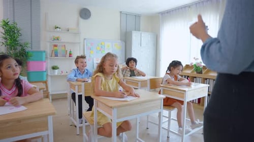 Caucasian young woman teacher teaching student in classroom at school.
