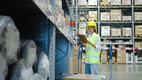 Employee female warehouse worker working in inventory with stacked up shelves in logistics factory