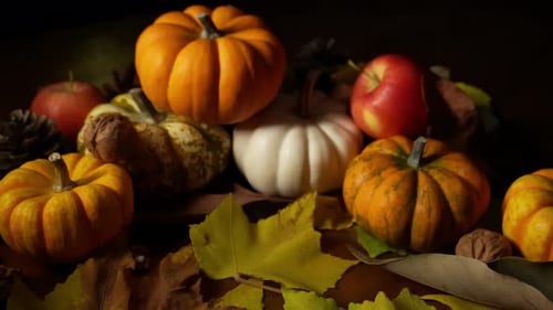 Creative Rustic Composition Made of Pumpkins and Apples Lying on the Table Among Maple Foliage