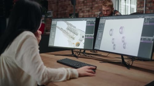 Engineer Woman Testing 3D Model of New Engine By CAD System on Computer Modern Technology