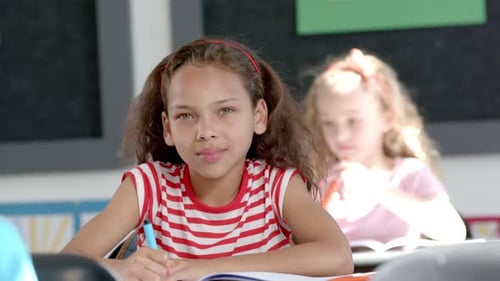 Caucasian girl smiles at the camera, biracial girl focuses on her work in a classroom in school
