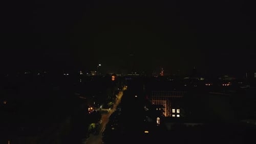 Fly Above Urban Borough During Night Storm Several Lightning Illuminating Dark Sky Long Straight