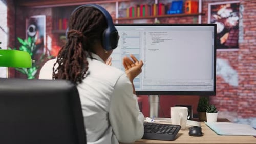 Aufgeregter Programmierer testet Code auf dem PC und klatscht nach positivem Ergebnis in die Hände