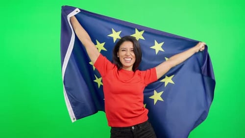Smiling Woman Holding European Union Flag on Green Screen