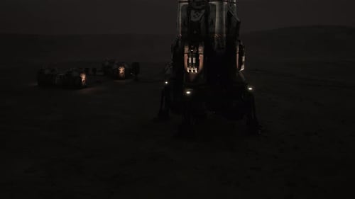 Mars Colony Base Illuminated in the Dark Martian Landscape During Nighttime