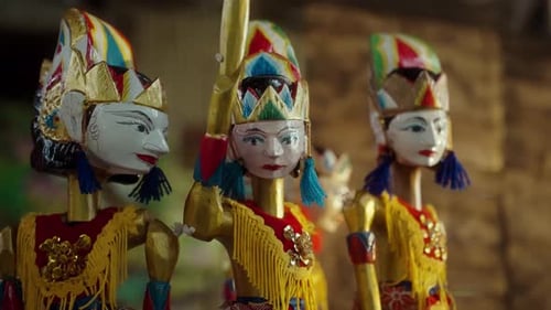 Closeup of Traditional Wooden Puppets in Vibrant Costumes