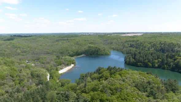 High altitude aerial of a lake in the mountains in Wisconsin, USA. The ...