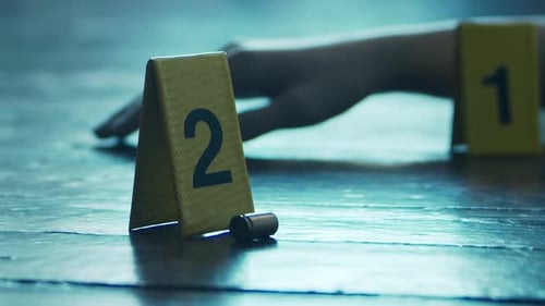 Hand, Bullet Casings and Crime Scene Markers