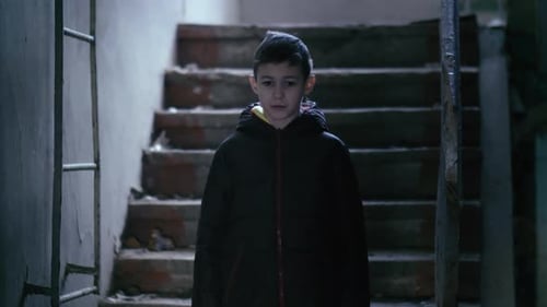 Solitude in Winter Sad Boy Seeks Shelter in Abandoned House Looks Into Camera