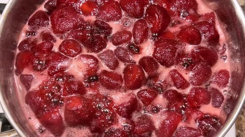 Strawberries Boiling in a Saucepan Close Up