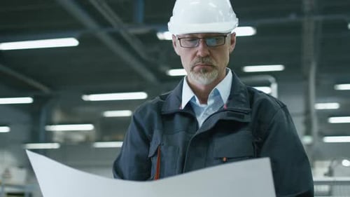Senior engineer in hardhat is standing in a factory and looking at a blueprint.