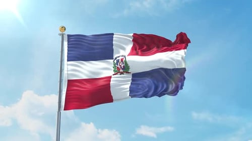 Dominican Republic Flag Waving in the Wind with Blue Sky