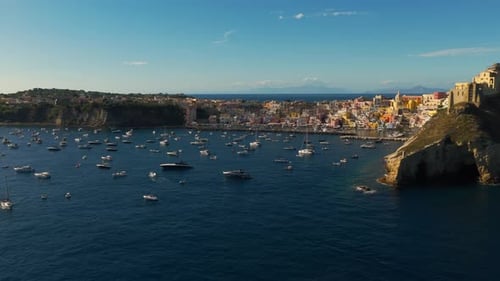 Aerial View of Coastal Harbor Town with Many Small Boats