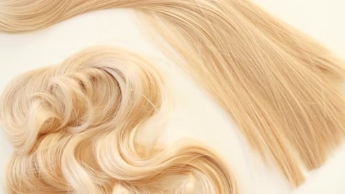 Blond Shiny Wavy Hair on White Background Shiny Woman Hair Strand Curl Hair Care and Beauty Salon