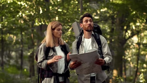 Couple Hiking, Examining Map in a Lush Forest