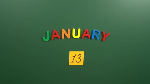 Hand sticking a sticker 13 January calendar day on school board. 13 date of January. Thirteenth day