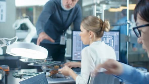 Der Elektronikingenieur arbeitet mit dem Roboter, manipuliert seine Reaktionen und überprüft Daten mit Laptop Com