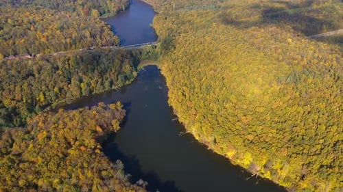 Outdoor seasonal natural scenery. Forest autumn landscapes aerial view.