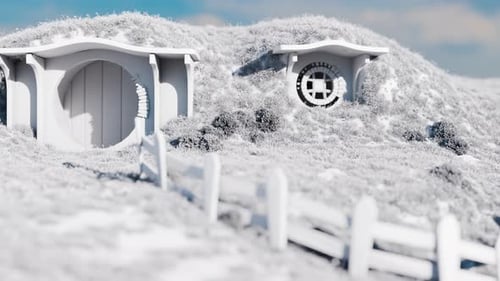 3D Untextured Hobbit Home Building Animation on Grassy Hill